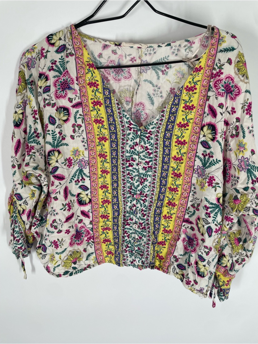lovestitch Floral V-Neck Cropped Top - Pink, Yellow, Green